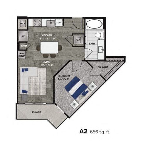 Floor plan for 1 bed, 1 bath, 656 sqft